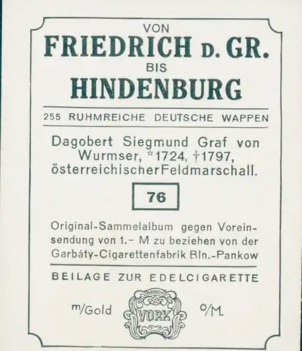 Sammelbild Ruhmreiche deutsche Wappen Nr. 76 Dagobert Siegmund Graf von Wurmser, öst. Feldmarschall