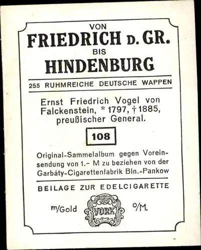 Sammelbild Ruhmreiche deutsche Wappen Nr. 108 Ernst Friedrich Vogel v. Falckenstein, preuß. General