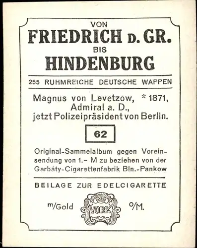 Sammelbild Ruhmreiche deutsche Wappen Nr. 62, Magnus von Levezow, Polizeipräsident von Berlin