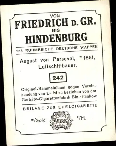 Sammelbild Ruhmreiche deutsche Wappen Nr. 242, August v. Parseval, Luftschiffbauer