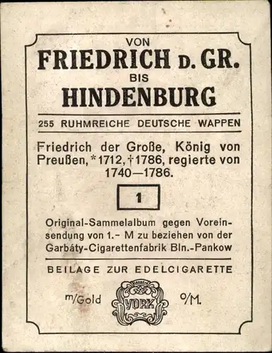 Sammelbild Ruhmreiche deutsche Wappen Nr. 1, Friedrich der Große, König von Preußen