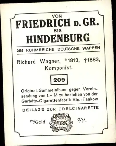 Sammelbild Ruhmreiche deutsche Wappen Nr. 209, Richard Wagner, Komponist