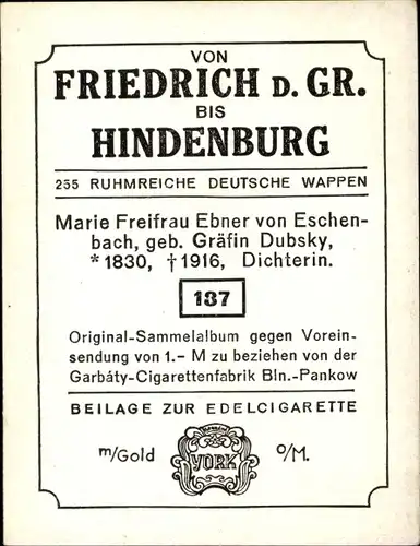 Sammelbild Ruhmreiche deutsche Wappen Nr.187, Marie Freifrau Ebner v. Eschenbach, Dichterin