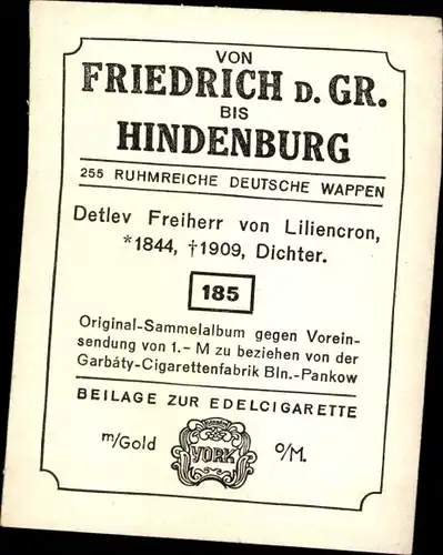 Sammelbild Ruhmreiche deutsche Wappen Nr.185, Detlev Freiherr v. Liliencron, Dichter