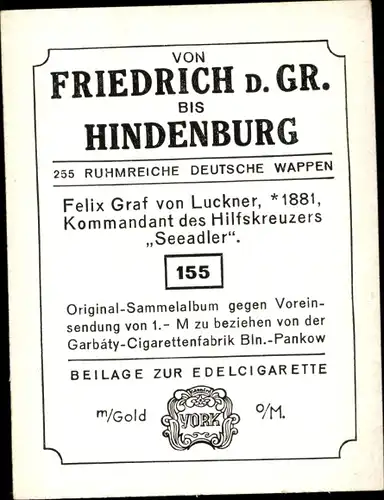 Sammelbild Ruhmreiche deutsche Wappen 155 Felix Graf v. Luckner, Kommandant Hilfskreuzer Seeadler