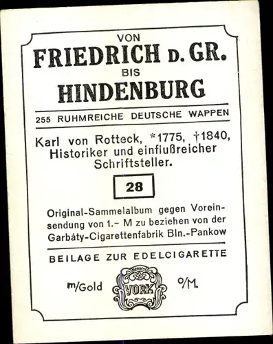 Sammelbild Ruhmreiche deutsche Wappen Nr. 28, Karl v. Rotteck, Historiker und Schriftsteller