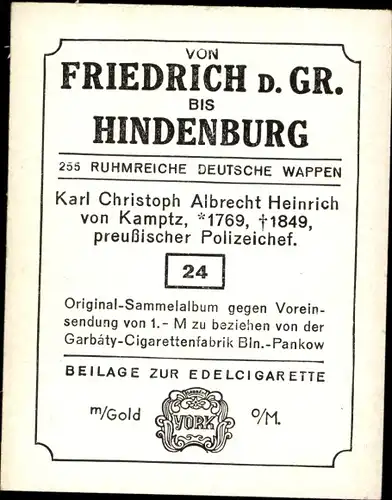 Sammelbild Ruhmreiche deutsche Wappen 24, Karl Chr. Albrecht Heinr. v. Kamptz, preuß. Polizeichef