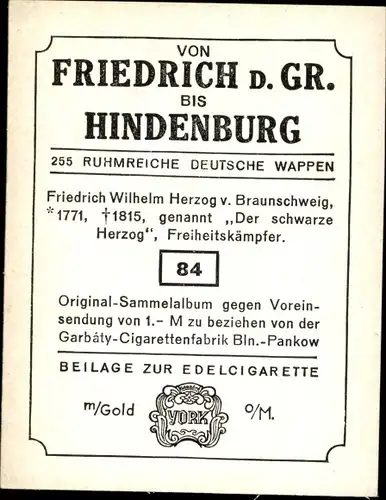 Sammelbild Ruhmreiche deutsche Wappen Nr. 84 Friedr. Wilh. Herzog von Braunschweig, Freiheitskämpfer