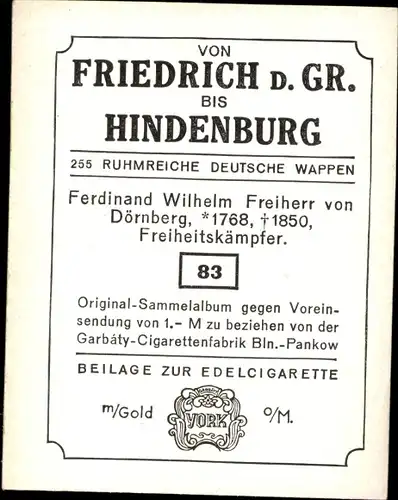 Sammelbild Ruhmreiche deutsche Wappen Nr. 83, Ferdinand W. Freiherr v. Dörnberg, Freiheitskämpfer