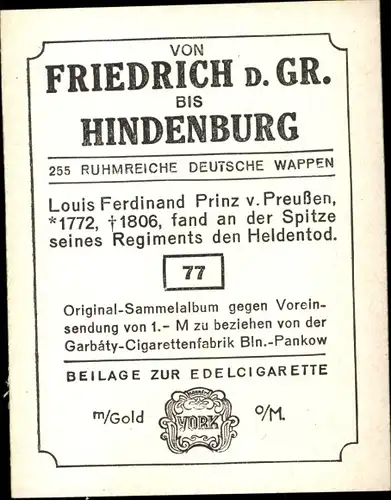 Sammelbild Ruhmreiche deutsche Wappen Nr. 77, Louis Ferdinand Prinz v. Preußen