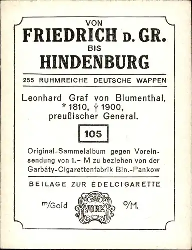 Sammelbild Ruhmreiche deutsche Wappen Nr. 105, Leonhard Graf v. Blumenthal, preußischer General