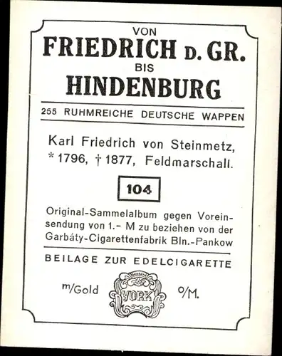 Sammelbild Ruhmreiche deutsche Wappen Nr. 104, Karl Friedrich v. Steinmetz, Feldmarschall