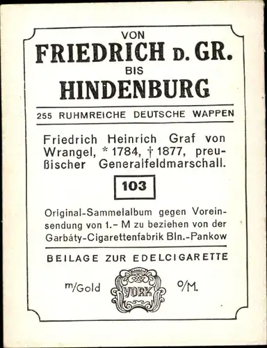 Sammelbild Ruhmreiche deutsche Wappen Nr. 103 Friedrich Heinrich Graf v. Wrangel, Generalfeldmarsch.