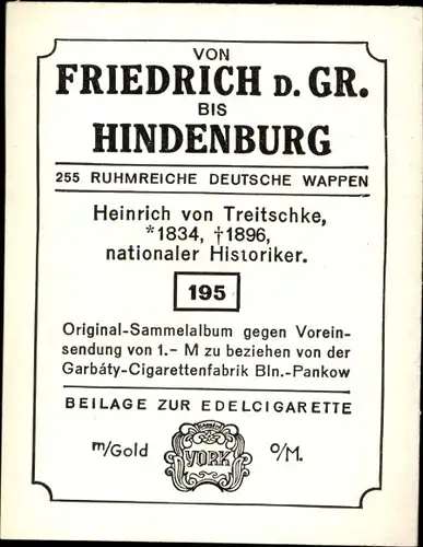 Sammelbild Ruhmreiche deutsche Wappen Nr. 195, Heinrich v. Treitschke, nationaler Historiker