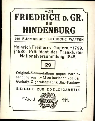 Sammelbild Ruhmreiche deutsche Wappen Nr. 29, H. Freiherr v. Gagern, Frankfurter Nationalversammlung