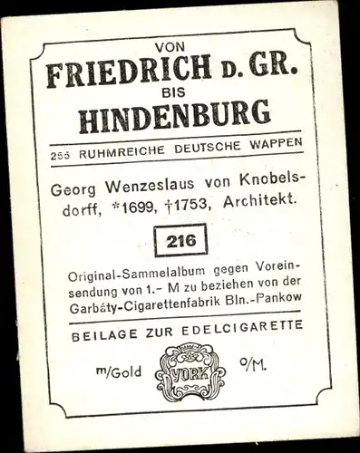 Sammelbild Ruhmreiche deutsche Wappen Nr. 216, Georg Wenzeslaus v. Knobelsdorff, Architekt