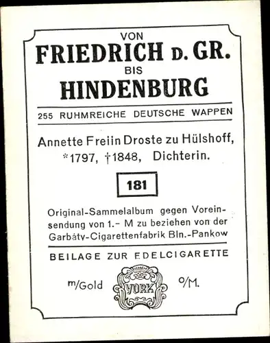 Sammelbild Ruhmreiche deutsche Wappen Nr. 181, Annette Freiherrin Droste zu Hülshoff, Dichterin