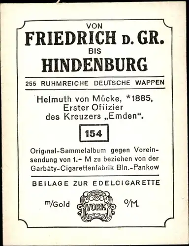 Sammelbild Ruhmreiche deutsche Wappen Nr. 154, Helmuth v. Mücke, 1. Offizier d. Kreuzers "Emden"