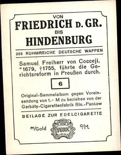 Sammelbild Ruhmreiche deutsche Wappen Nr. 6, Samuel Freiherr v. Cocceji, preußische Gerichtsreform