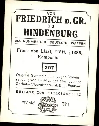 Sammelbild Ruhmreiche deutsche Wappen Nr. 207, Franz von Liszt, Komponist