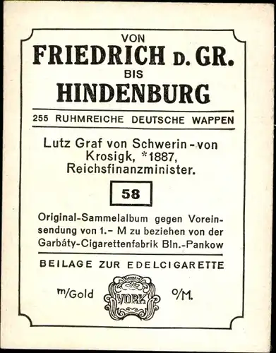 Sammelbild Ruhmreiche deutsche Wappen Nr. 58, L. Graf v. Schwerin von Krosigk, Reichsfinanzminister