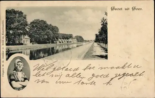 Ak Goes Zeeland Niederlande, Kanaal, Frau in Tracht