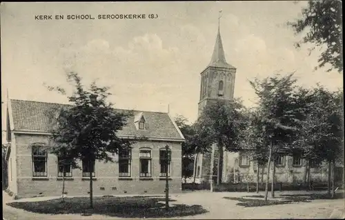 Ak Serooskerke Walcheren Zeeland Niederlande, Kerk en School