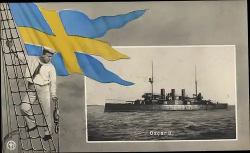 Passepartout Ak Schwedisches Kriegsschiff, Oscar II, Seemann, Flagge