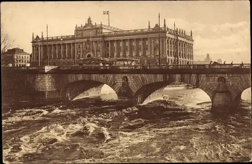 Ak Stockholm Schweden, Riksdagshuset, Brücke, Fluss