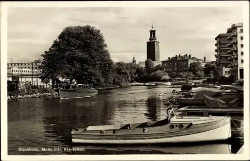 Ak Stockholm Schweden, Motiv fran Klaraviken, Boote, Turm