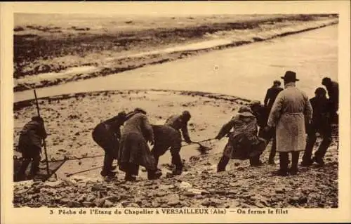 Ak Versailleux Ain, Peche de l'Etang de Chapelier, on ferme le filet