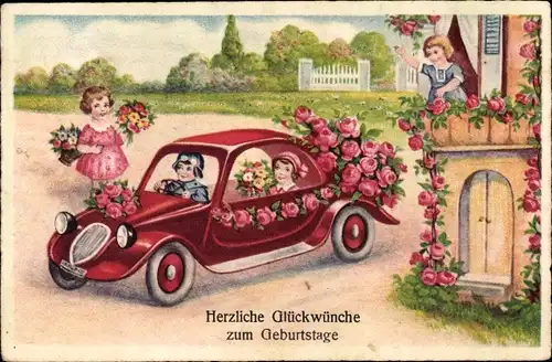 Ak Glückwunsch Geburtstag, Automobil mit Rosen geschmückt
