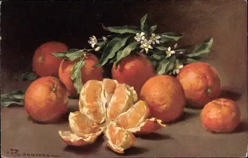 Künstler Ak Orangen, Apfelsinen, Obst, Stillleben