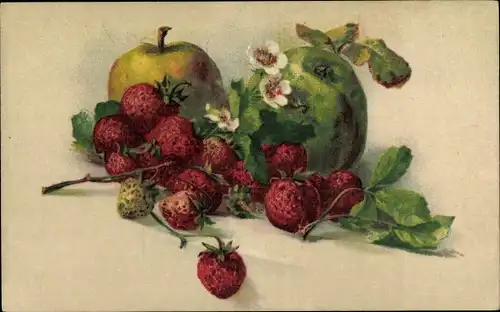 Künstler Ak Stillleben mit Erdbeeren und Äpfeln