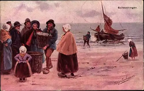 Künstler Ak Gerstenhauer, J. G., Scheveningen Den Haag Südholland, Fischerfamilie, Seeufer, Boot