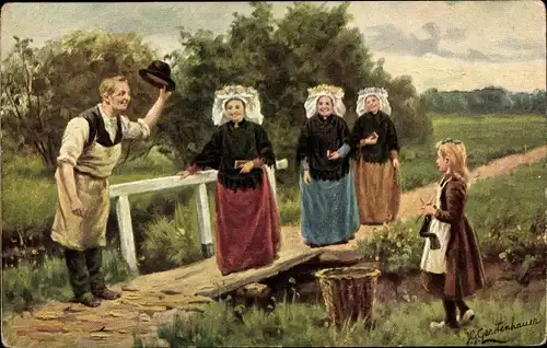 Künstler Ak Gerstenhauer, Frauen in Tracht, Brücke, Mann, Mädchen, Stricken