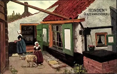 Künstler Ak Landhaus, niederländische Tracht, Heineken's Glazenwasscherij, Reklame