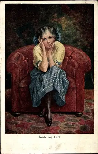 Künstler Ak Noch ungeküsst, Mädchen mit Haarschleifen auf einem Sessel sitzend