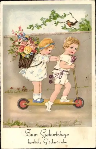 Ak Glückwunsch Geburtstag, Kinder mit Blumen auf einem Roller