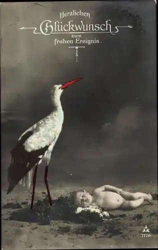 Ak Glückwunsch Geburt, Storch, Baby
