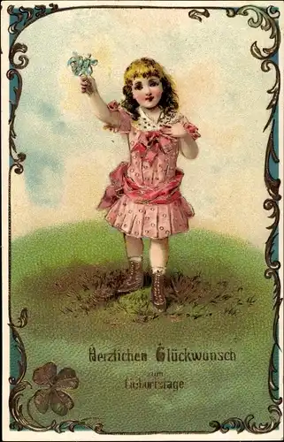 Präge Litho Glückwunsch Geburtstag, Mädchen mit Blumen