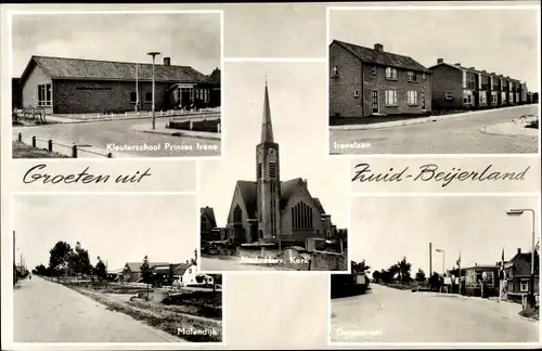 Ak Zuid Beijerland Südholland, Kleuterschool Prinses Irene, Irenelaan, Molendijk, Dorpsstraat