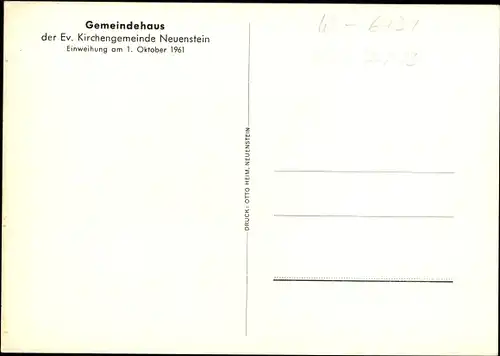 Ak Neuenstein in Hessen, Gemeindehaus, Ev. Kirchengemeinde, Einweihung 01.10.1961
