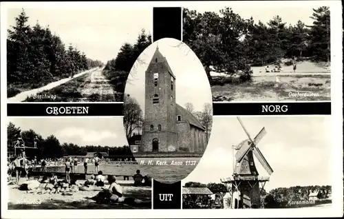 Ak Norg Drenthe, Oosterduinen, Boschweg, Natuurbad, Badegäste, Windmühle, N.H.Kerk