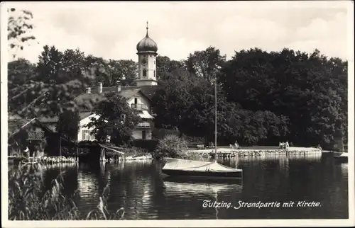 Ak Tutzing am Starnberger See Oberbayern, Strandpartie mit Kirche