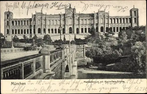 Ak München, Maximilianeum mit Maximilians-Brücke