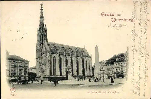 Ak Würzburg am Main Unterfranken, Marienkapelle mit Marktplatz, Säule