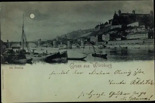 Mondschein Ak Würzburg am Main Unterfranken, Die Festung, Schiffe