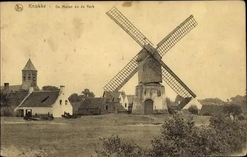 Ak Knokke Heist Westflandern, De Molen en de Kerk, Windmühle, Kirche