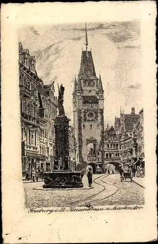 Künstler Ak Freiburg im Breisgau, Kaiserstraße und Martinstor
